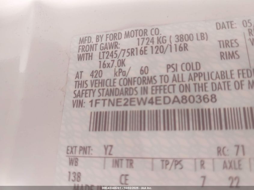 2014 Ford E-250 Commercial VIN: 1FTNE2EW4EDA80368 Lot: 43348281