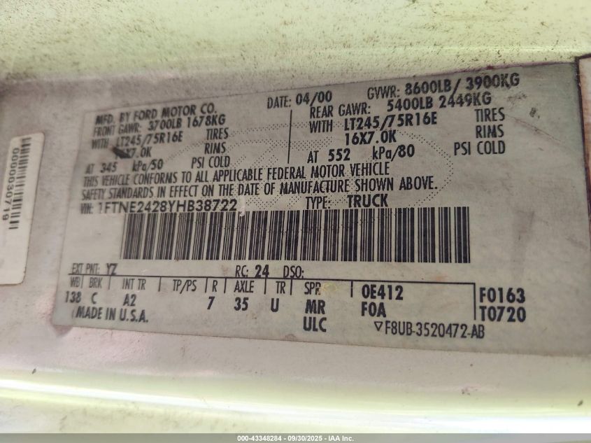2000 Ford E-250 Commercial VIN: 1FTNE2428YHB38722 Lot: 43348284