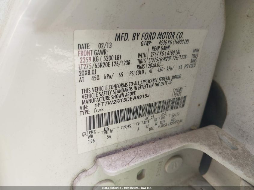 2013 Ford F-250 Lariat VIN: 1FT7W2BT5DEA89153 Lot: 43348293