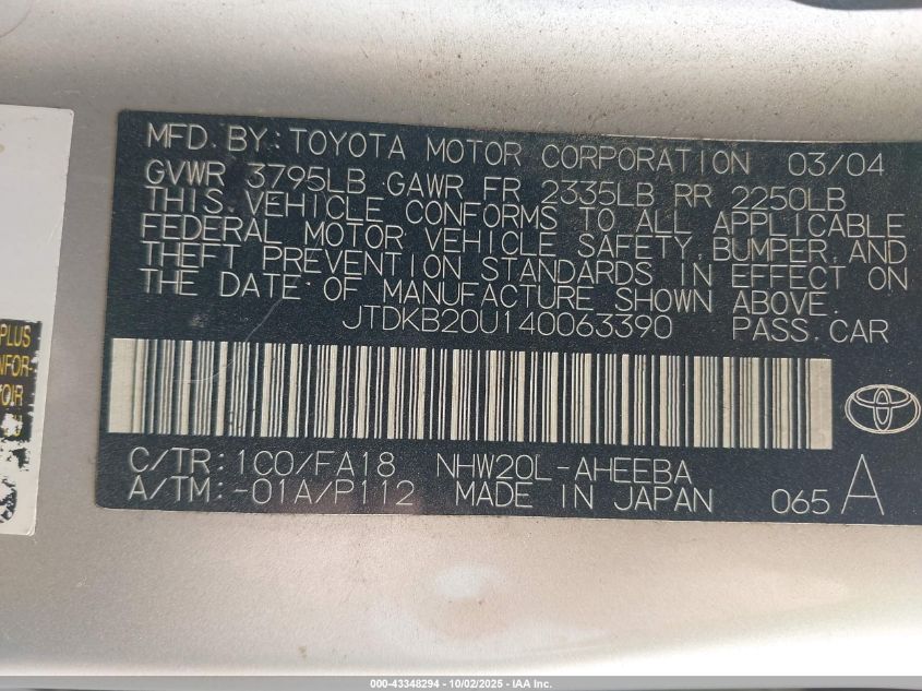 2004 Toyota Prius VIN: JTDKB20U140063390 Lot: 43348294