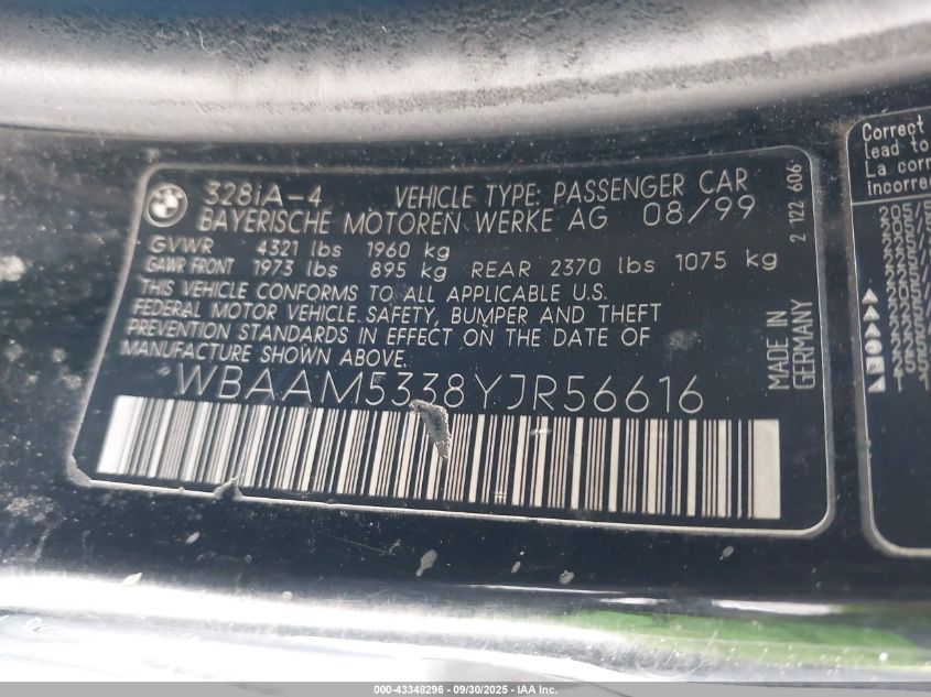 2000 BMW 328I VIN: WBAAM5338YJR56616 Lot: 43348296