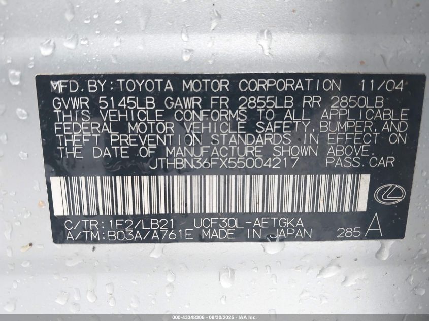 2005 Lexus Ls 430 VIN: JTHBN36FX55004217 Lot: 43348306