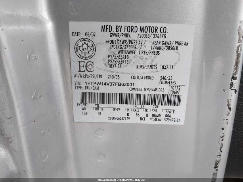 2007 Ford F-150 Fx4/Lariat/Xlt VIN: 1FTPW14V37FB63001 Lot: 43348308