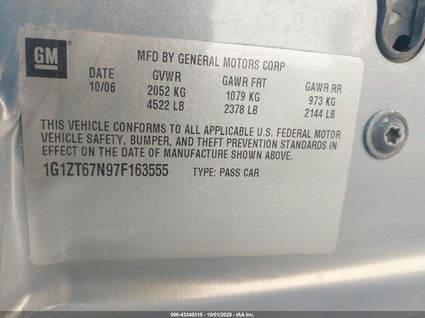 2007 Chevrolet Malibu Maxx Lt VIN: 1G1ZT67N97F163555 Lot: 43348310