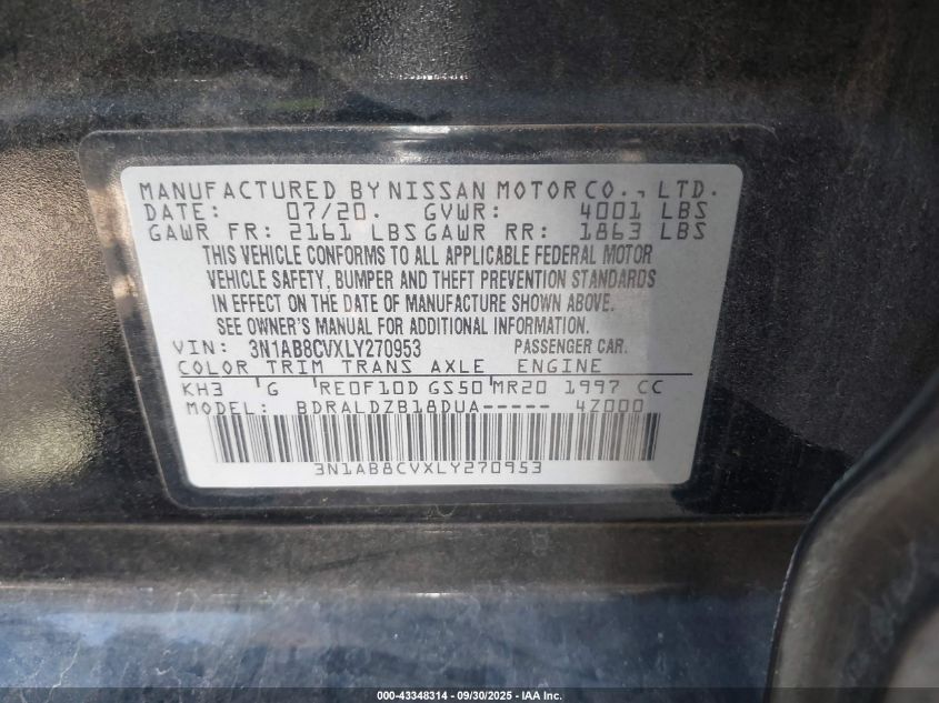 2020 Nissan Sentra Sv Xtronic Cvt VIN: 3N1AB8CVXLY270953 Lot: 43348314