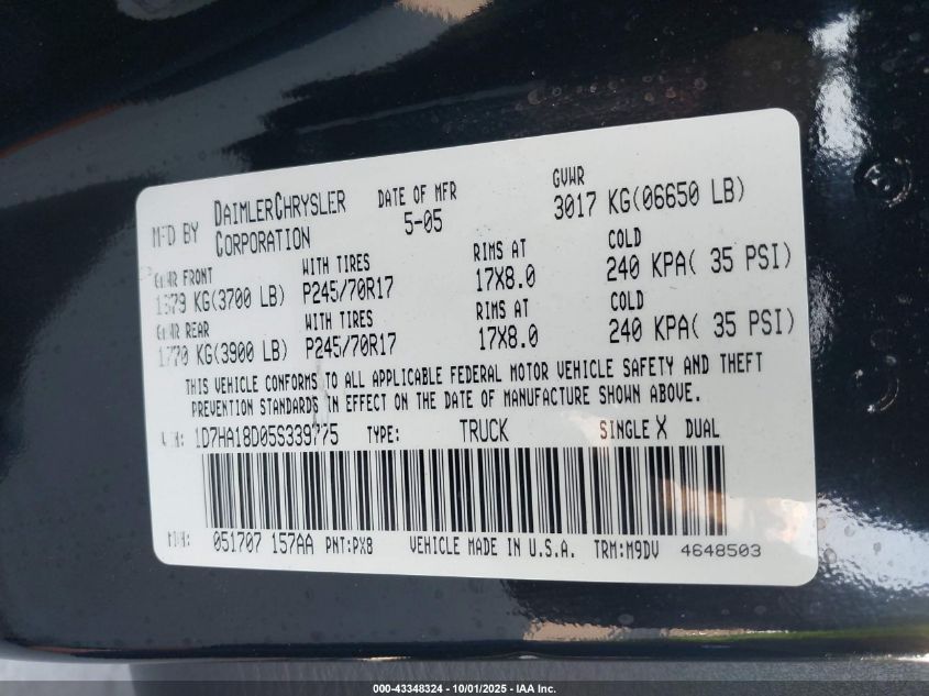 2005 Dodge Ram 1500 Slt/Laramie VIN: 1D7HA18D05S339775 Lot: 43348324