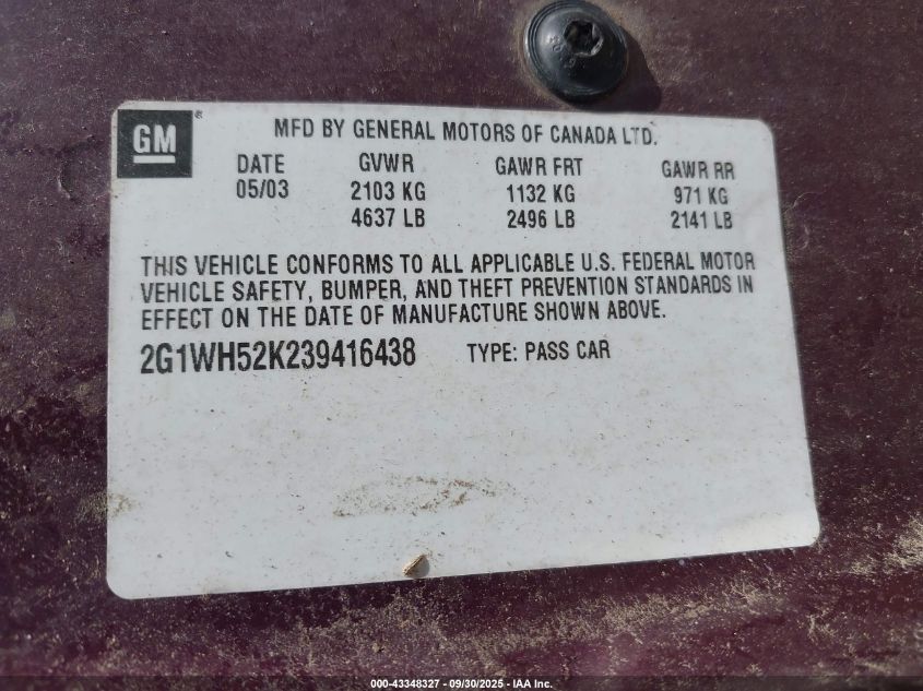 2003 Chevrolet Impala Ls VIN: 2G1WH52K239416438 Lot: 43348327