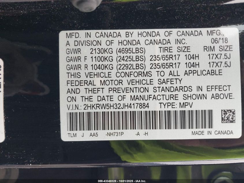 2018 Honda Cr-V Lx VIN: 2HKRW5H32JH417884 Lot: 43348328