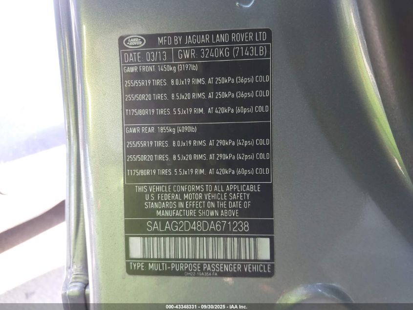 2013 Land Rover Lr4 VIN: SALAG2D48DA671238 Lot: 43348331