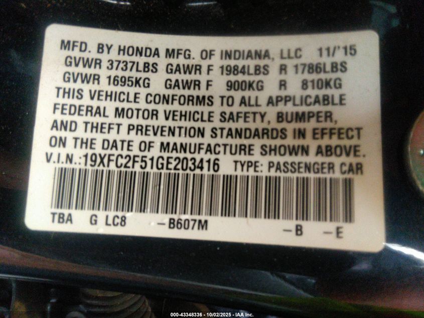 2016 Honda Civic Lx VIN: 19XFC2F51GE203416 Lot: 43348336