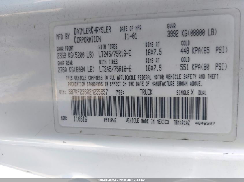 2002 Dodge Ram 2500 Slt/St VIN: 3B7KF23602M235937 Lot: 43348354