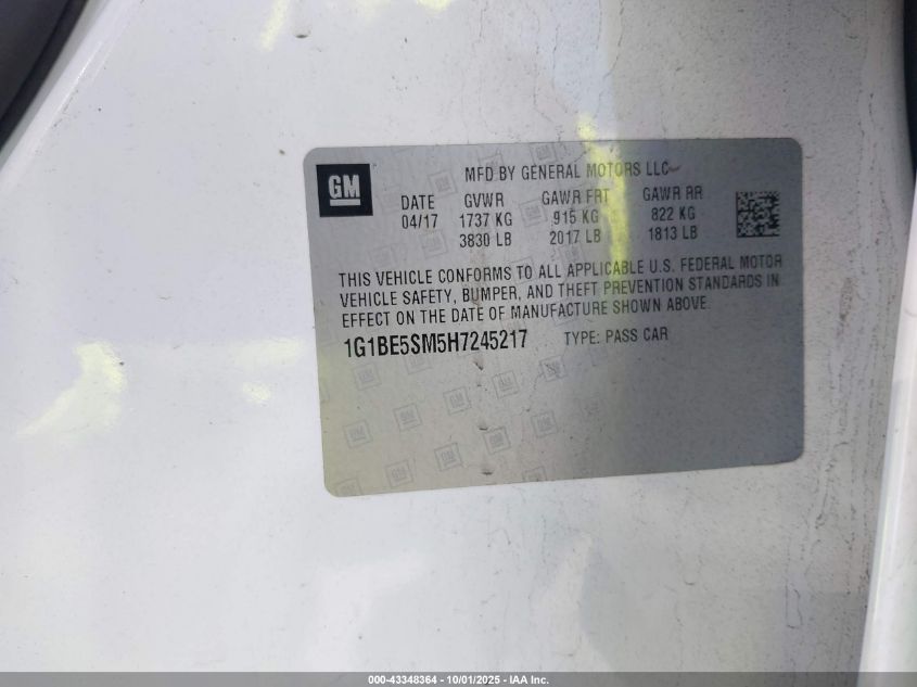 2017 Chevrolet Cruze Lt Auto VIN: 1G1BE5SM5H7245217 Lot: 43348364