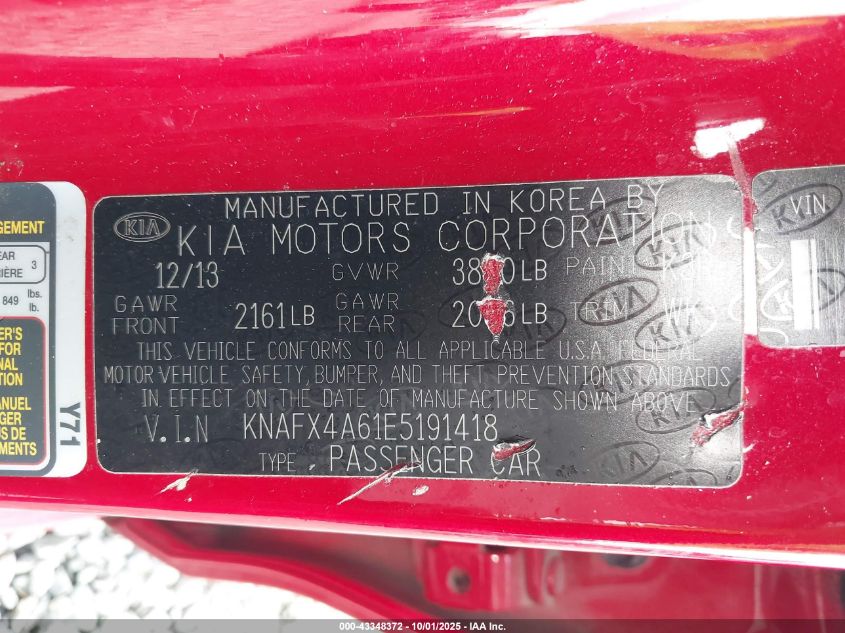 2014 Kia Forte Lx VIN: KNAFX4A61E5191418 Lot: 43348372