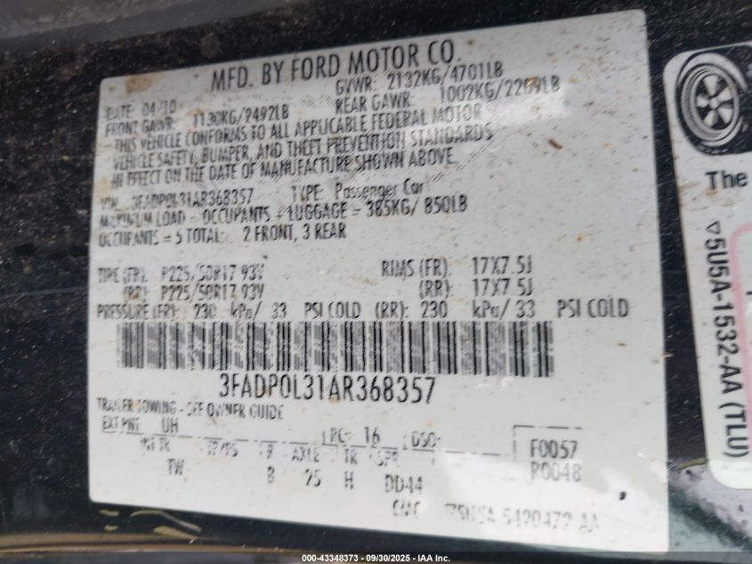 2010 Ford Fusion Hybrid VIN: 3FADP0L31AR368357 Lot: 43348373