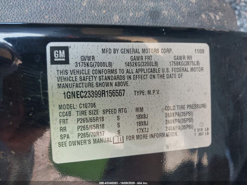 2009 Chevrolet Tahoe Lt2 VIN: 1GNEC23399R156567 Lot: 43348383