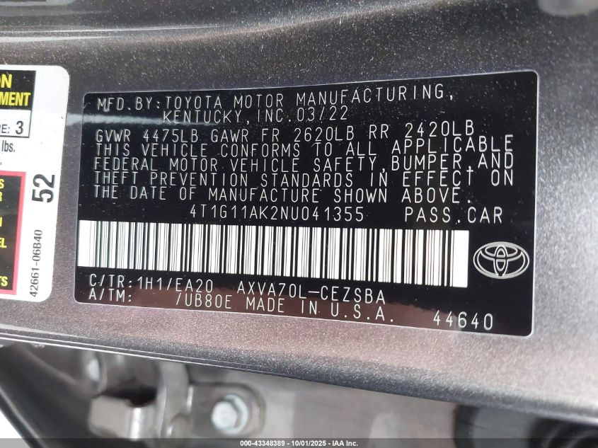 2022 TOYOTA CAMRY SE - 4T1G11AK2NU041355