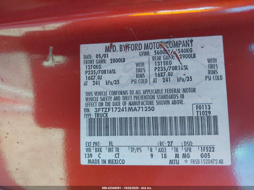 2001 Ford F-150 Xl/Xlt VIN: 3FTZF17241MA71350 Lot: 43348391