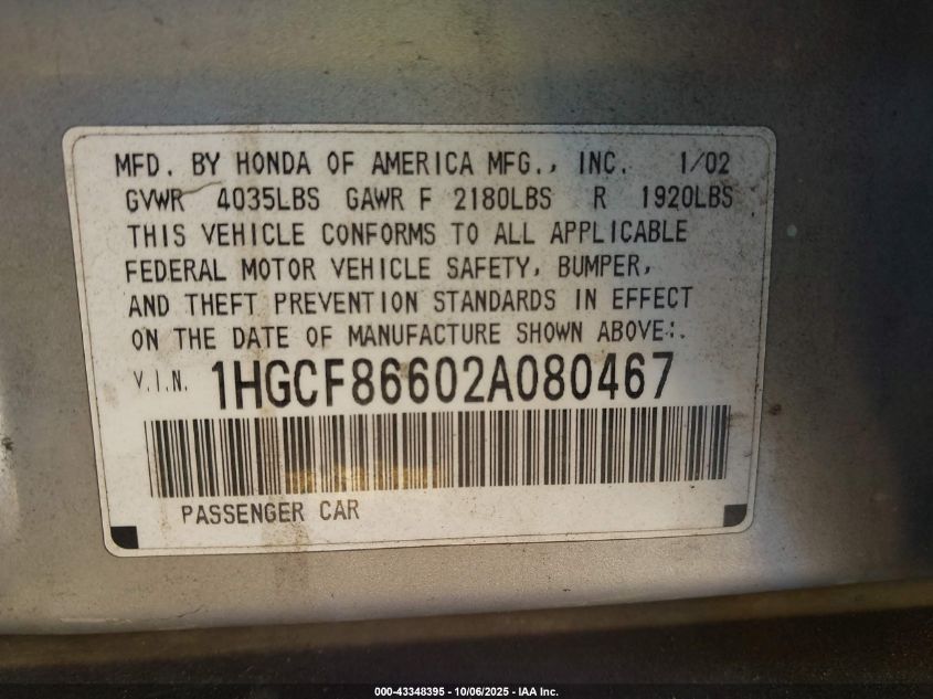 2002 Honda Accord 2.3 Vp VIN: 1HGCF86602A080467 Lot: 43348395