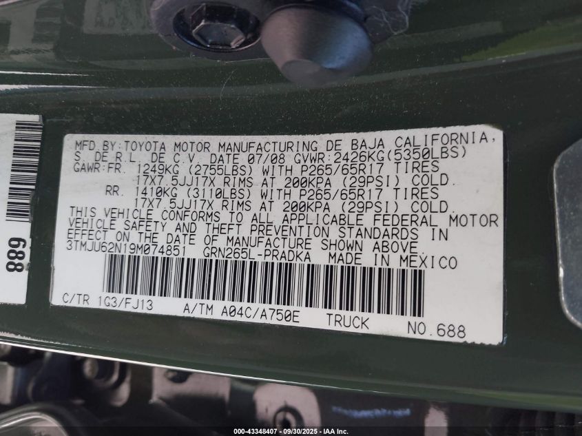 2009 Toyota Tacoma Prerunner V6 VIN: 3TMJU62N19M074851 Lot: 43348407