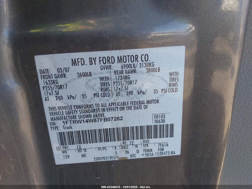 2007 Ford F-150 Xlt VIN: 1FTRW14W87FB07282 Lot: 43348410