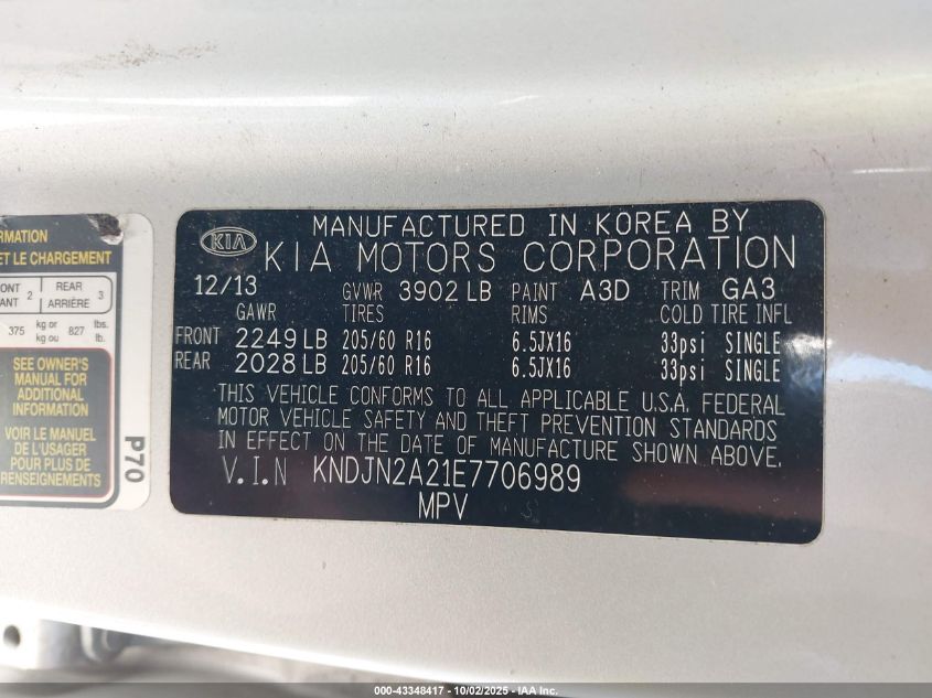 2014 Kia Soul VIN: KNDJN2A21E7706989 Lot: 43348417