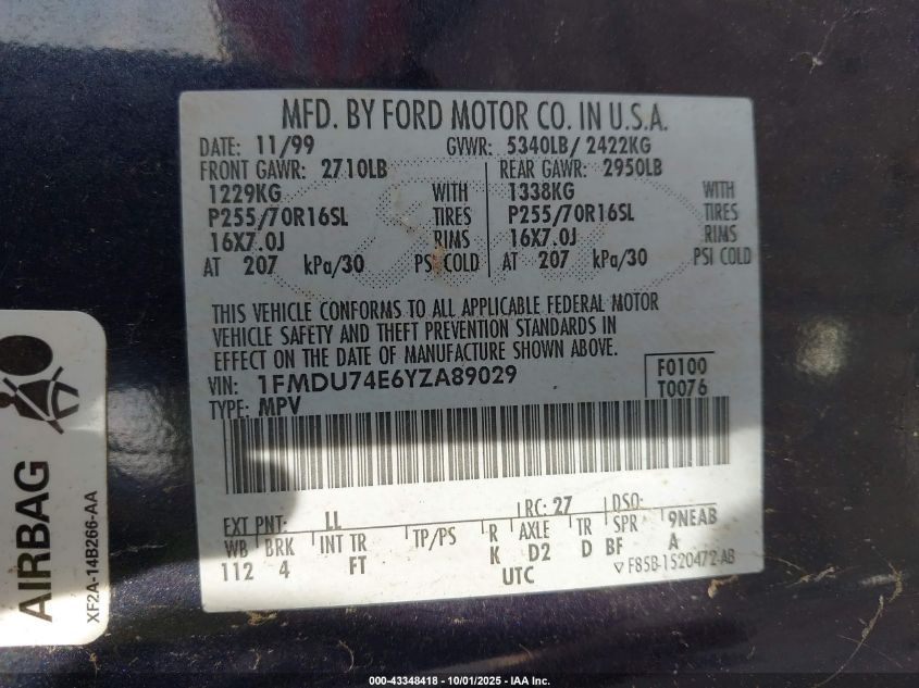 2000 Ford Explorer Eddie Bauer VIN: 1FMDU74E6YZA89029 Lot: 43348418