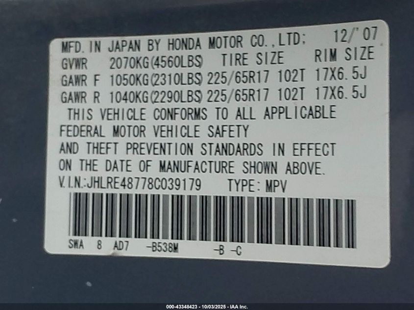 2008 Honda Cr-V Ex-L VIN: JHLRE48778C039179 Lot: 43348423