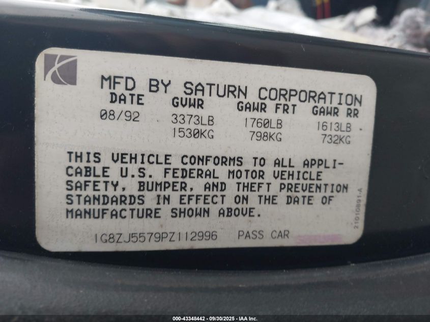 1993 Saturn Sl2 VIN: 1G8ZJ5579PZ112996 Lot: 43348442