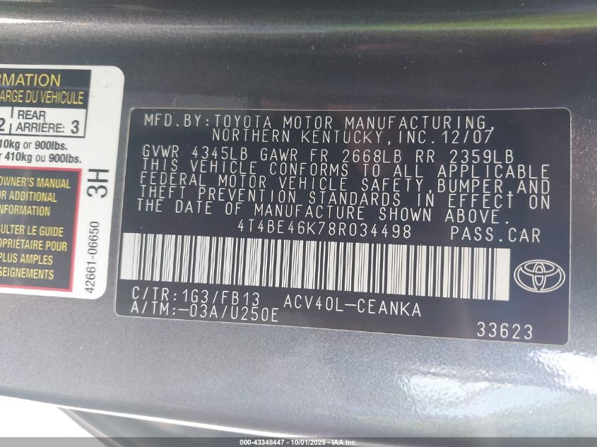 2008 Toyota Camry Le VIN: 4T4BE46K78R034498 Lot: 43348447