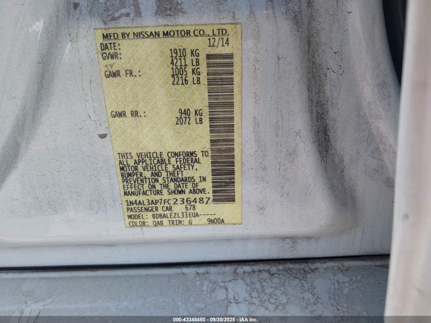 2015 Nissan Altima 2.5/2.5 S/2.5 Sl/2.5 Sv VIN: 1N4AL3AP7FC236487 Lot: 43348450