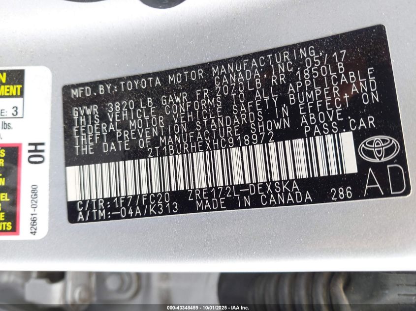 2017 Toyota Corolla Se VIN: 2T1BURHEXHC918972 Lot: 43348459