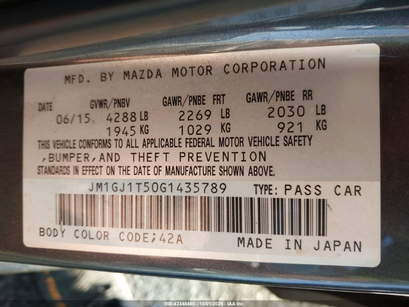 2016 Mazda Mazda6 I Touring VIN: JM1GJ1T50G1435789 Lot: 43348460