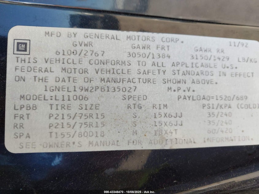 1993 Chevrolet Astro VIN: 1GNEL19W2PB135027 Lot: 43348470