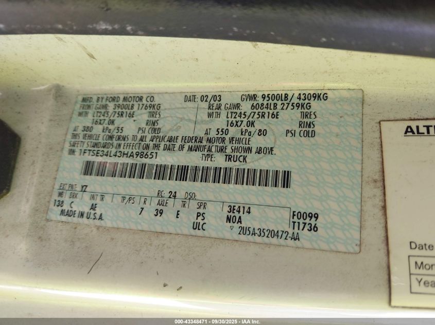 2003 Ford E-350 Super Duty Commercial/Recreational VIN: 1FTSE34L43HA98651 Lot: 43348471