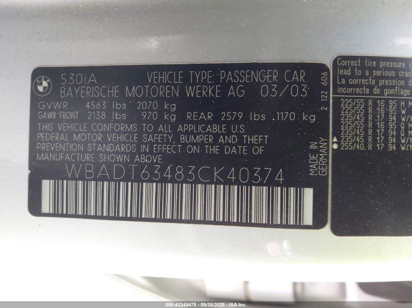 2003 BMW 530Ia VIN: WBADT63483CK40374 Lot: 43348475