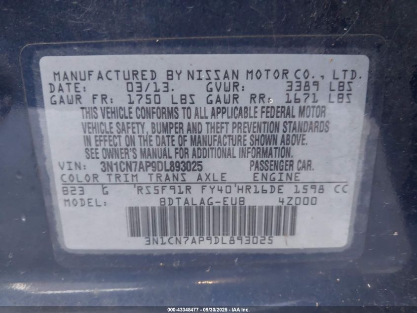 2013 Nissan Versa 1.6 S VIN: 3N1CN7AP9DL893025 Lot: 43348477