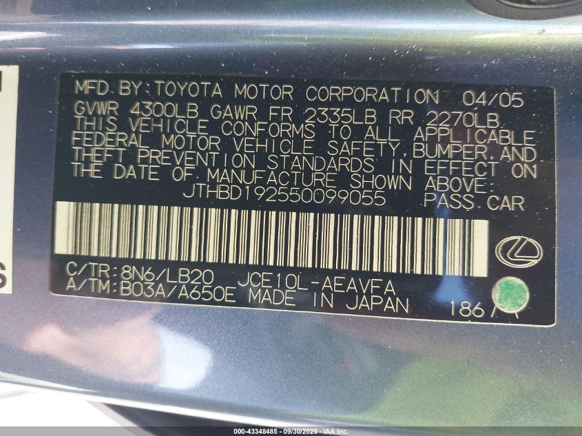 2005 Lexus Is 300 VIN: JTHBD192550099055 Lot: 43348485