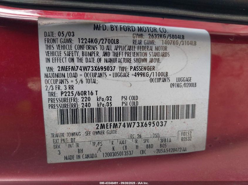 2003 Mercury Grand Marquis Gs VIN: 2MEFM74W73X695037 Lot: 43348491