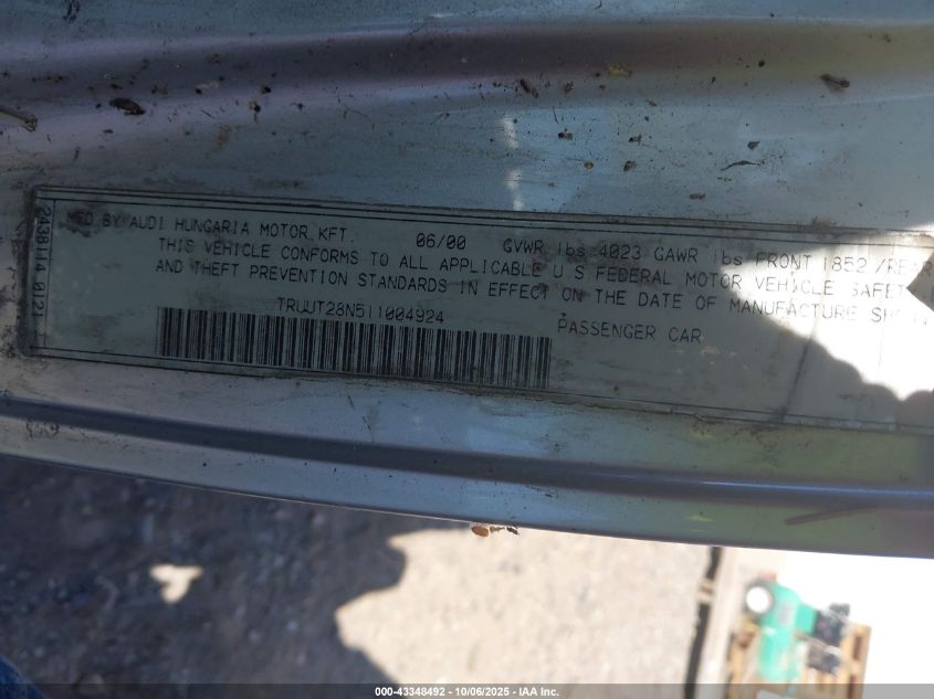 2001 Audi Tt VIN: TRUUT28N511004924 Lot: 43348492