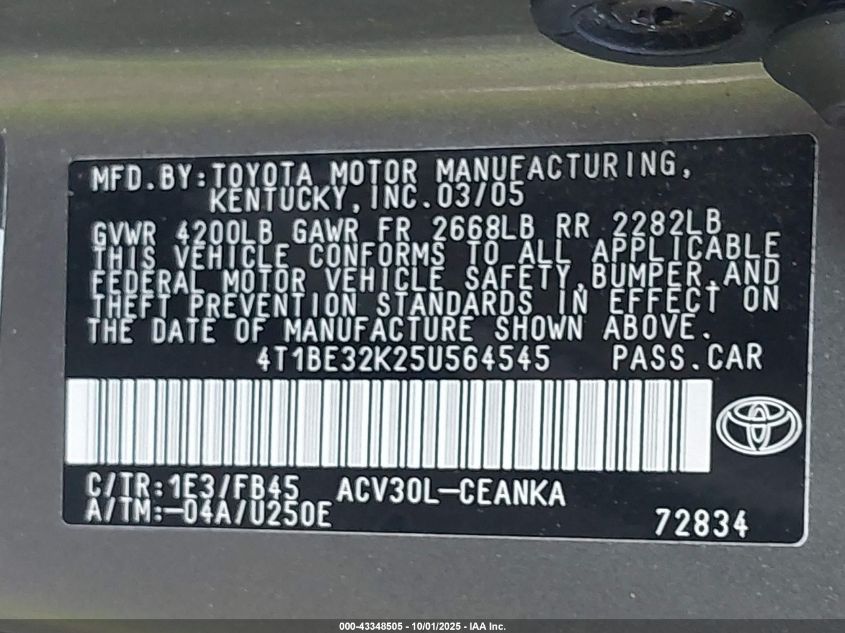 2005 Toyota Camry Le VIN: 4T1BE32K25U564545 Lot: 43348505