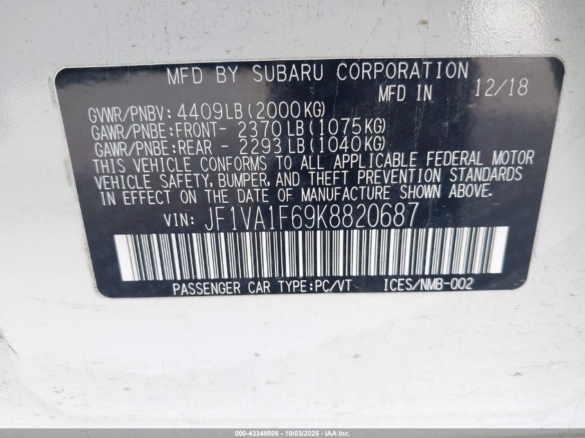 2019 Subaru Wrx Premium VIN: JF1VA1F69K8820687 Lot: 43348506