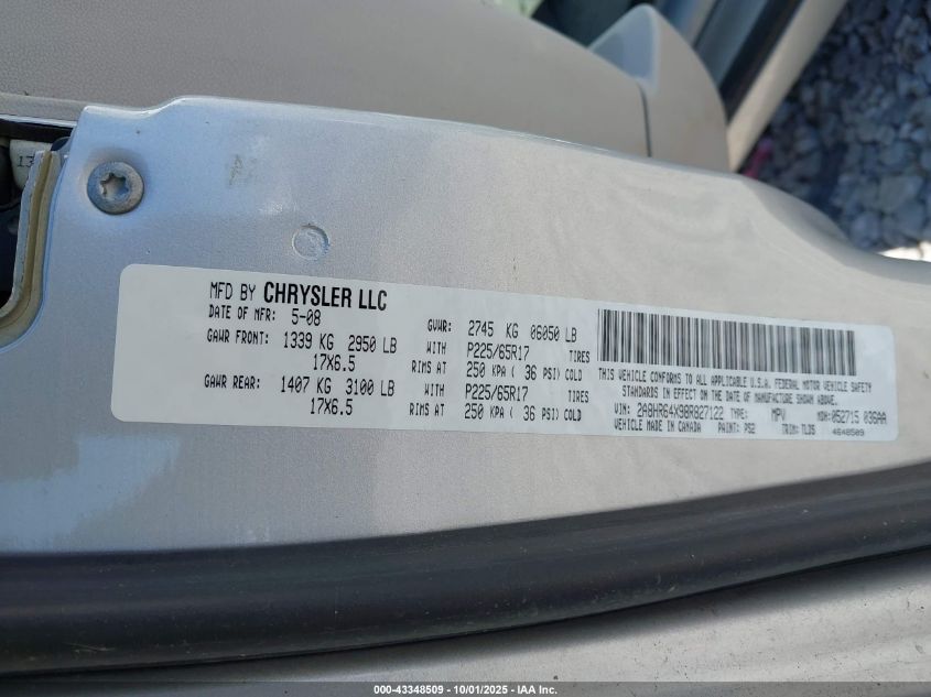 2008 Chrysler Town & Country Limited VIN: 2A8HR64X98R827122 Lot: 43348509