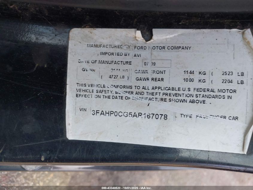 2010 Ford Fusion Sel VIN: 3FAHP0CG5AR167078 Lot: 43348520