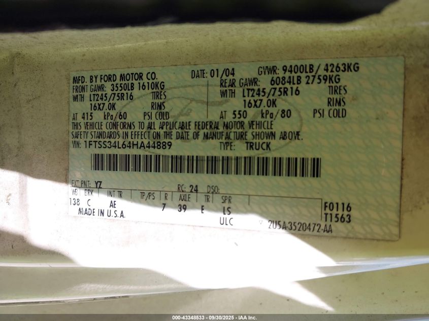 2004 Ford E-350 Super Duty Commercial/Recreational VIN: 1FTSS34L64HA44889 Lot: 43348533