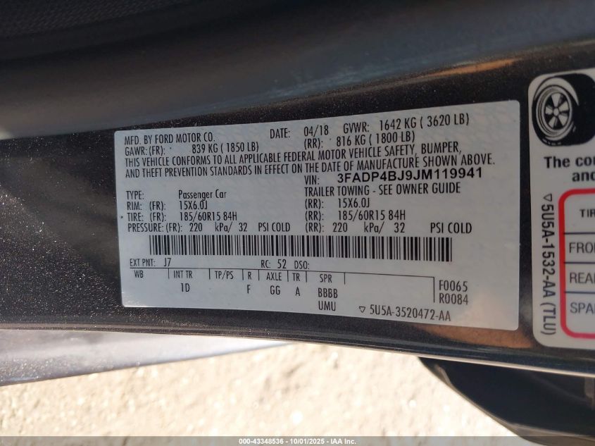 2018 Ford Fiesta Se VIN: 3FADP4BJ9JM119941 Lot: 43348536