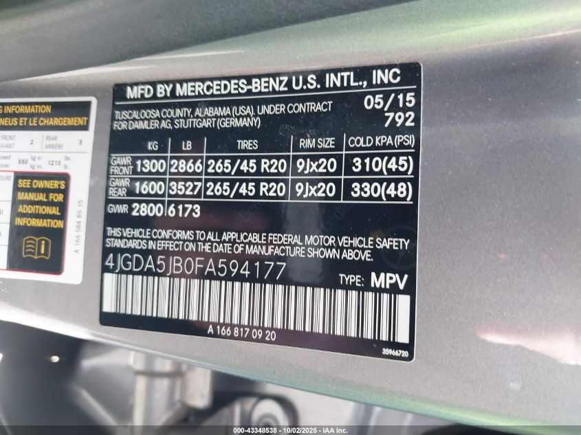 2015 Mercedes-Benz Ml 350 VIN: 4JGDA5JB0FA594177 Lot: 43348538