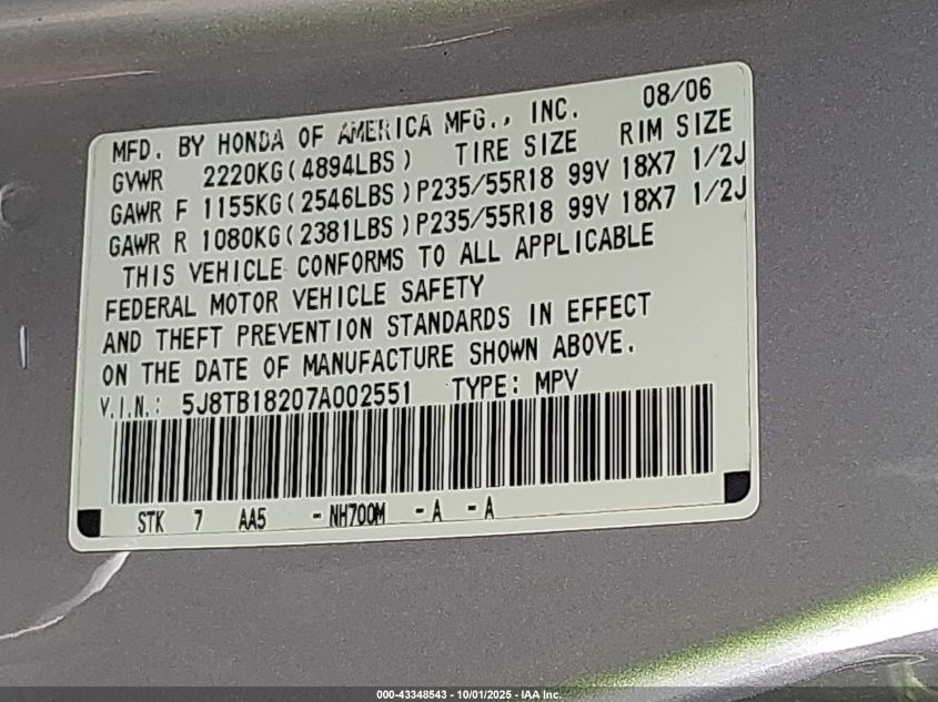 2007 Acura Rdx VIN: 5J8TB18207A002551 Lot: 43348543