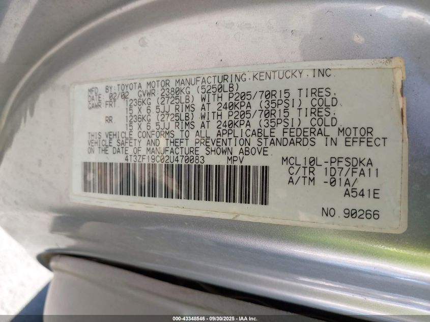 2002 Toyota Sienna Ce VIN: 4T3ZF19C02U470083 Lot: 43348546