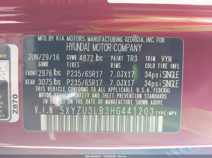 2017 Hyundai Santa Fe Sport 2.4L VIN: 5XYZU3LB3HG441203 Lot: 43348547