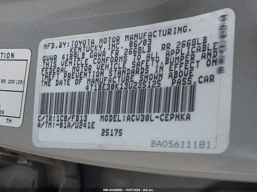 2003 Toyota Camry Le VIN: 4T1BE30K13U235125 Lot: 43348550